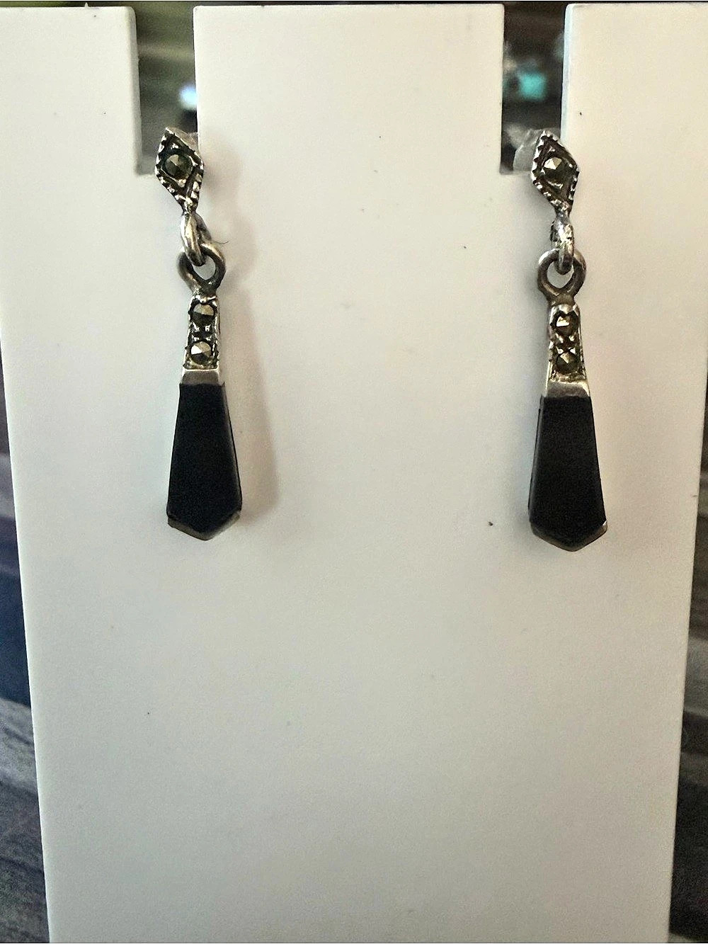 Sterling Silver Charles Winston 925 Marcasite Onyx Drop Earring 1" Art Deco #348